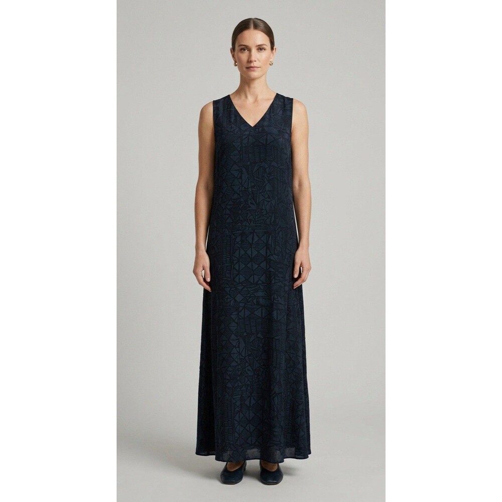 NWT Ralph Lauren Blue 100% Silk Geometric Print Maxi Dress Sleeveless Size 10